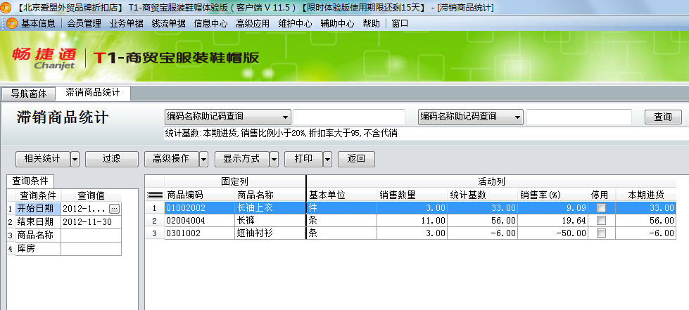 用友t1商貿(mào)寶服裝鞋帽版11.5如何查詢滯銷的商品？